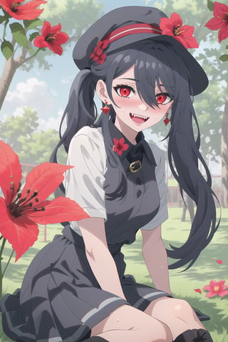 nier anime style illustration, best quality, masterpiece High resolution, good detail, bright colors, HDR, 4K. Dolby vision high. 

Girl with long straight black hair, long twin pigtails (hair covering one eye), red eyes, blushing, red earrings 

Short sleeve polo shirt (black color mixed with red color)

Gothic style black checkered skirt with chains   

black socks 

Ankle boots (black color mixed with red color)

inside a park 

She is under a leafy tree in the shade. 

Sunbeams between the trees 

clear blue sky 

Flirty smile (yandere smile). Happy, excited. Open mouth 

Showing fangs, exposed fangs  

Selfie 

Very sweaty

black Fedora hat with a red flower on the buckle

Sitting on the grass