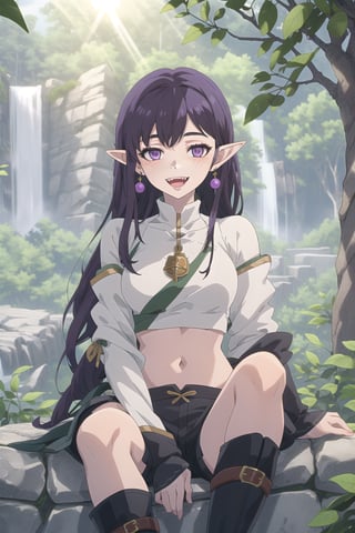 nier anime style illustration, best quality, masterpiece High resolution, good detail, bright colors, HDR, 4K. Dolby vision high. 

Archer elf girl with long straight black hair (hair on shoulders), purple eyes, freckles, blushing, purple earrings

Dark brown medieval fantasy style crop top

Showing navel, exposed navel 

Medieval fantasy dark brown shorts 

Elegant black medieval fantasy style boots 

apple tree forest 

Sunrise 

Intense sun rays between the trees

waterfalls in the distance

Flirty smile (Yandere smile). Happy, excited. Open mouth

Showing fangs, exposed fangs

Selfie,nier anime style

Sitting,nier anime style