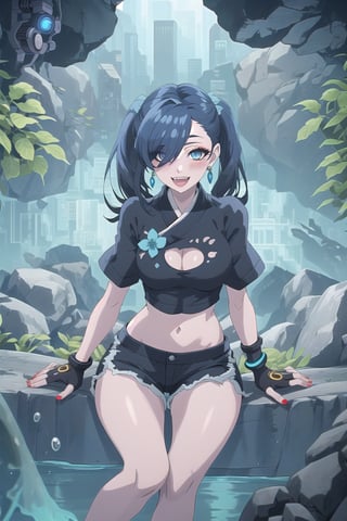 nier anime style illustration, best quality, masterpiece High resolution, good detail, bright colors, HDR, 4K. Dolby vision high. 

Girl with long straight black hair, long twin pigtails (hair covering one eye), blue eyes, blushing, blue earrings 

Stylish Cyberpunk Black Crop Top 

Showing navel, exposed navel 

Elegant cyberpunk black shorts

Barefoot

Inside an underground cave 

Blue illumination in the depth of underground water 

Sitting on a rock 

Black Stylish Fingerless Cyberpunk Gloves

Blue natural lighting

Flirty smile (yandere smile). Happy, excited. Open mouth 

Showing fangs, exposed fangs

jirai kei makeup

jirai kei makeup

Black hair

Inside an underground cave