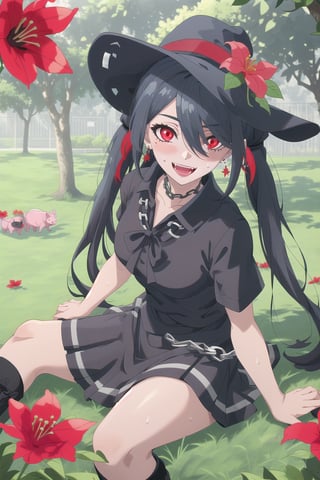 nier anime style illustration, best quality, masterpiece High resolution, good detail, bright colors, HDR, 4K. Dolby vision high. 

Girl with long straight black hair, long twin pigtails (hair covering one eye), red eyes, blushing, red earrings 

Short sleeve polo shirt (black color mixed with red color)

Gothic style black checkered skirt with chains   

black socks 

Ankle boots (black color mixed with red color)

inside a park 

She is under a leafy tree in the shade. 

Sunbeams between the trees 

clear blue sky 

Flirty smile (yandere smile). Happy, excited. Open mouth 

Showing fangs, exposed fangs  

Selfie 

Very sweaty

black Fedora hat with a red flower on the buckle

Sitting on the grass