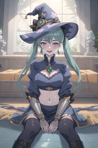 nier anime style illustration, best quality, masterpiece High resolution, good detail, bright colors, HDR, 4K. Dolby vision high.

Witch with long straight green hair, long straight twin pigtails, purple eyes, freckles, blushing, blue earrings  

Fantasy style blue crop top  

Metal shoulder pads 

Exposed navel, showing navel 

Blue short 

black stockings 

British steampunk style blue boots 
 
Blue witch hat 

Inside a temple, blue walls, 



 stone statues deities 

Reflective blue floor 

Wet floor 

Elegant blue throne

She is sitting on the throne 

Flirty smile (yandere smile). Happy, excited. Open mouth 

Showing fangs, exposed fangs 



selfie pose 

Sunrise 

Intense sun rays coming through the windows

king's throne 

waterfalls


The floor is wet
