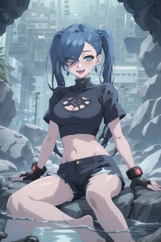 nier anime style illustration, best quality, masterpiece High resolution, good detail, bright colors, HDR, 4K. Dolby vision high. 

Girl with long straight black hair, long twin pigtails (hair covering one eye), blue eyes, blushing, blue earrings 

Stylish Cyberpunk Black Crop Top 

Showing navel, exposed navel 

Elegant cyberpunk black shorts

Barefoot

Inside an underground cave 

Blue illumination in the depth of underground water 

Sitting on a rock 

Black Stylish Fingerless Cyberpunk Gloves

Blue natural lighting

Flirty smile (yandere smile). Happy, excited. Open mouth 

Showing fangs, exposed fangs