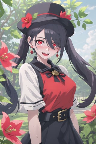 nier anime style illustration, best quality, masterpiece High resolution, good detail, bright colors, HDR, 4K. Dolby vision high. 

Girl with long straight black hair, long twin pigtails (hair covering one eye), red eyes, blushing, red earrings 

Short sleeve polo shirt (black color mixed with red color)

Gothic style black checkered skirt with chains   

black socks 

Ankle boots (black color mixed with red color)

inside a park 

She is under a leafy tree in the shade. 

Sunbeams between the trees 

clear blue sky 

Flirty smile (yandere smile). Happy, excited. Open mouth 

Showing fangs, exposed fangs  

Selfie 

Very sweaty

black Fedora hat with a red flower on the buckle