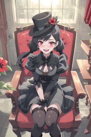 nier anime style illustration, best quality, masterpiece High resolution, good detail, bright colors, HDR, 4K. Dolby vision high.

Girl with long straight black hair, long twin pigtails. Red eyes, blushing, black earrings 

Black Victorian Style Black Dress 

black stockings 

Elegant black boots

Victorian hat with a red flower 

Inside a stylish steampunk room of canvas paintings 

Abecer 

Sun rays coming through the window 

Sitting 

red armchair 

Flirty smile (yandere smile). Happy, excited. Open mouth

,nier anime style

Showing fangs, exposed fangs