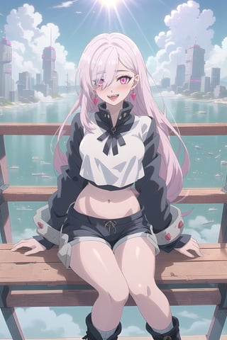 nier anime style illustration, best quality, masterpiece High resolution, good detail, bright colors, HDR, 4K. Dolby vision high. 

Albino girl with long straight hair, pink eyes (hair covering one eye), blushing, pink earrings  

Cyberpunk style elegant white crop top 

Showing navel, exposed navel 

White cyberpunk style shorts

White socks

Elegant white cyberpunk ankle boots 

clear blue sky 

Inside an island that floated in the sky above the clouds 

fantasy style island with a beautiful kingdom 

Intense sun rays    

Flirty smile (yandere smile). Happy, excited. Open mouth 

Showing fangs, exposed fangs 

Selfie 

Sitting on a bridge