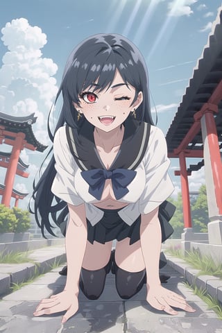 nier anime style illustration, best quality, masterpiece High resolution, good detail, bright colors, HDR, 4K. Dolby vision high.

Girl with long straight black hair, red eyes (one eye closed). Freckles, blushing, black earrings

College short top (white color mixed with black color)

Showing navel, exposed navel 

Short black school skirt 

 black stockings

black shoes
schoolchildren

Blue sky with clouds, intense sun rays 

Japanese school roof 

On all fours

small glutes

She has her back

Flirtatious smile. (yandere smile). Happy, excited. Open mouth 

Showing fangs exposed fangs

Behind her

Black bow on the chest