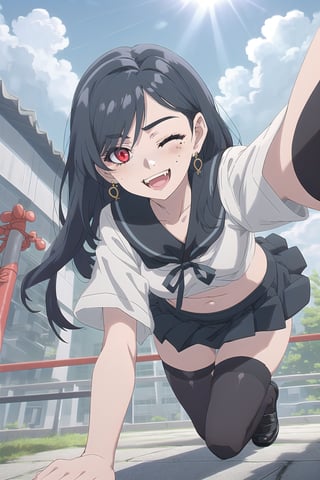 nier anime style illustration, best quality, masterpiece High resolution, good detail, bright colors, HDR, 4K. Dolby vision high.

Girl with long straight black hair, red eyes (one eye closed). Freckles, blushing, black earrings

College short top (white color mixed with black color)

Showing navel, exposed navel 

Short black school skirt 

 black stockings

black shoes
schoolchildren

Blue sky with clouds, intense sun rays 

Japanese school roof 

On all fours

small glutes

She has her back

Flirtatious smile. (yandere smile). Happy, excited. Open mouth 

Showing fangs exposed fangs

Selfie 

Black bow on the chest