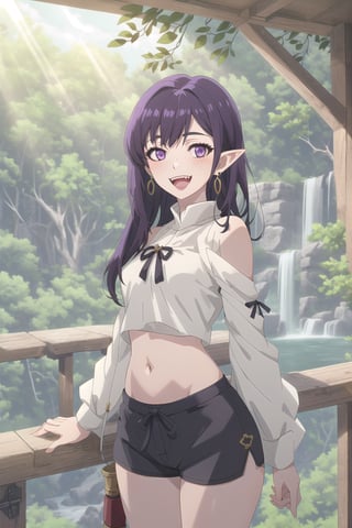 nier anime style illustration, best quality, masterpiece High resolution, good detail, bright colors, HDR, 4K. Dolby vision high. 

Archer elf girl with long straight black hair (hair on shoulders), purple eyes, freckles, blushing, purple earrings

Dark brown medieval fantasy style crop top

Showing navel, exposed navel 

Medieval fantasy dark brown shorts 

Elegant black medieval fantasy style boots 

apple tree forest 

Sunrise 

Intense sun rays between the trees

waterfalls in the distance

Flirty smile (Yandere smile). Happy, excited. Open mouth

Showing fangs, exposed fangs

Selfie pose,nier anime style