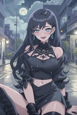 nier anime style illustration, best quality, masterpiece High resolution, good detail, bright colors, HDR, 4K. Dolby vision high. 

Girl with long straight black hair, blue eyes (hair on shoulders), blushing, blue earrings 

Black gothic crop top  

medium breasts

Showing navel, exposed navel

Short black gothic skirt with chains

black socks

Elegant black boots 

Flirty smile (yandere smile). Happy, excited. Open mouth

Showing fangs, exposed fangs 

Selfie 

black sky at night  

waning moon 

Inside the streets of London 

Street wet from recent rain

Sitting on the street sidewalk