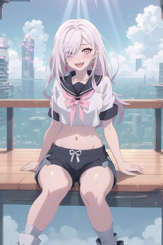 nier anime style illustration, best quality, masterpiece High resolution, good detail, bright colors, HDR, 4K. Dolby vision high. 

Albino girl with long straight hair, pink eyes (hair covering one eye), blushing, pink earrings  

Cyberpunk style elegant white crop top 

Showing navel, exposed navel 

White cyberpunk style shorts

White socks

Elegant white cyberpunk ankle boots 

clear blue sky 

Inside an island that floated in the sky above the clouds 

fantasy style island with a beautiful kingdom 

Intense sun rays    

Flirty smile (yandere smile). Happy, excited. Open mouth 

Showing fangs, exposed fangs 

Selfie 

Sitting on a bridge