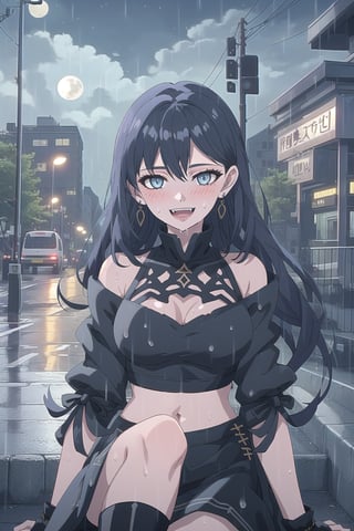 nier anime style illustration, best quality, masterpiece High resolution, good detail, bright colors, HDR, 4K. Dolby vision high. 

Girl with long straight black hair, blue eyes (hair on shoulders), blushing, blue earrings 

Black gothic crop top  

medium breasts

Showing navel, exposed navel

Short black gothic skirt with chains

black socks

Elegant black boots 

Flirty smile (yandere smile). Happy, excited. Open mouth

Showing fangs, exposed fangs 

Selfie 

black sky at night  

waning moon 

Inside the streets of London 

Street wet from recent rain

Sitting on the street sidewalk