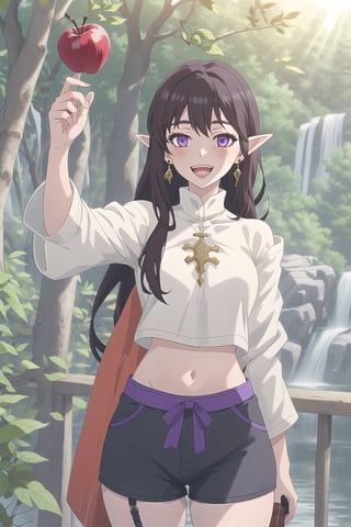 nier anime style illustration, best quality, masterpiece High resolution, good detail, bright colors, HDR, 4K. Dolby vision high. 

Archer elf girl with long straight black hair (hair on shoulders), purple eyes, freckles, blushing, purple earrings

Dark brown medieval fantasy style crop top

Showing navel, exposed navel 

Medieval fantasy dark brown shorts 

Elegant black medieval fantasy style boots 

apple tree forest 

Sunrise 

Intense sun rays between the trees

waterfalls in the distance

Flirty smile (Yandere smile). Happy, excited. Open mouth

Showing fangs, exposed fangs

Selfie pose,nier anime style