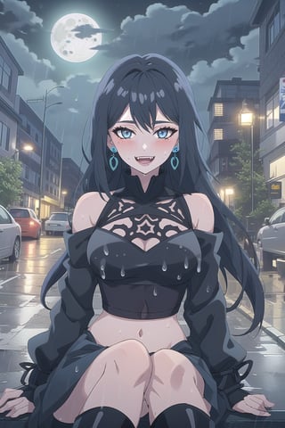 nier anime style illustration, best quality, masterpiece High resolution, good detail, bright colors, HDR, 4K. Dolby vision high. 

Girl with long straight black hair, blue eyes (hair on shoulders), blushing, blue earrings 

Black gothic crop top  

medium breasts

Showing navel, exposed navel

 black gothic skirt with chains

black socks

Elegant black boots 

Flirty smile (yandere smile). Happy, excited. Open mouth

Showing fangs, exposed fangs 

Selfie 

black sky at night  

waning moon 

Inside the streets of London 

Street wet from recent rain

Sitting on the street sidewalk