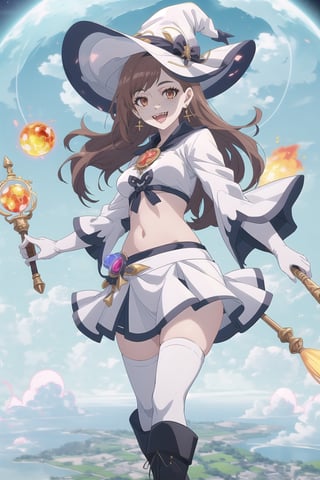 nier anime style illustration, best quality, masterpiece High resolution, good detail, bright colors, HDR, 4K. Dolby vision high.

Witch with long straight brown hair, brown eyes, freckles, white earrings

Elegant white crop top fantasy style

white cape 

medium breasts 

Showing navel, exposed navel 

Short white fantasy style skirt 

British style white boots 

clear blue sky

white magic staff 

 magic explosion background 

Flirty smile (yandere smile). Happy, excited. Open mouth 

Fantasy world

Showing fangs, exposed fangs

Bright magic mega explosion 

Witch hat