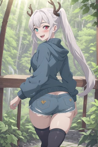 nier anime style illustration, best quality, masterpiece High resolution, good detail, bright colors, HDR, 4K. Dolby vision high.

Albino deer girl with long straight hair, long pigtails, blushing. Heterochromia (One blue eye, one red eye). 

Gray steampunk sweatshirt 

Medieval fantasy style denim shorts 

black stockings 

Gray ankle boots 

Forest with leafy trees

waterfalls 

Intense sun rays between the trees 
 
Showing the buttocks

Flirty smile (yandere smile). Happy, excited.  Open mouth 

Showing fangs, exposed fangs

selfie pose

deer girl

Girl from behind