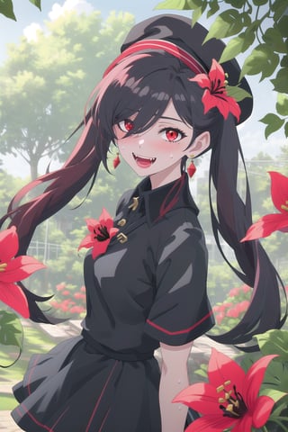 nier anime style illustration, best quality, masterpiece High resolution, good detail, bright colors, HDR, 4K. Dolby vision high. 

Girl with long straight black hair, long twin pigtails (hair covering one eye), red eyes, blushing, red earrings 

Short sleeve polo shirt (black color mixed with red color)

Gothic style black checkered skirt with chains   

black socks 

Ankle boots (black color mixed with red color)

inside a park 

She is under a leafy tree in the shade. 

Sunbeams between the trees 

clear blue sky 

Flirty smile (yandere smile). Happy, excited. Open mouth 

Showing fangs, exposed fangs  

Selfie 

Very sweaty

black Fedora hat with a red flower on the buckle