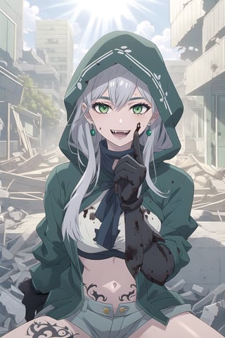 nier anime style illustration, best quality, masterpiece High resolution, good detail, bright colors, HDR, 4K. Dolby vision high.

Girl with long silver straight hair, green eyes (dirty face), green earrings, 

Black short sleeve shirt 

British style jacket (Primary color black, secondary color dark green)

Showing navel, exposed navel  

Gray military pants 

Black military boots 

Black military gloves

(Tattoos on one's own face)

City destroyed and abandoned by war 

Lonely streets in ruins 

Fog 

Intense sun rays, dawn 

clear blue sky 

Sitting in the street 

(a hand on one's own face)

Flirty smile (yandere smile). Happy, excited. Open mouth 

Showing fangs, exposed fangs 

black hood

black hood

nier anime style