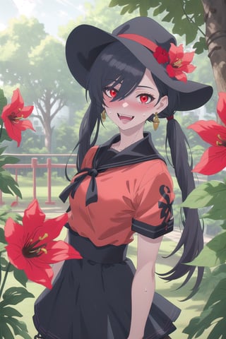 nier anime style illustration, best quality, masterpiece High resolution, good detail, bright colors, HDR, 4K. Dolby vision high. 

Girl with long straight black hair, long twin pigtails (hair covering one eye), red eyes, blushing, red earrings 

Short sleeve polo shirt (black color mixed with red color)

Gothic style black checkered skirt with chains   

black socks 

Ankle boots (black color mixed with red color)

inside a park 

She is under a leafy tree in the shade. 

Sunbeams between the trees 

clear blue sky 

Flirty smile (yandere smile). Happy, excited. Open mouth 

Showing fangs, exposed fangs  

Selfie 

Very sweaty

black Fedora hat with a red flower on the buckle