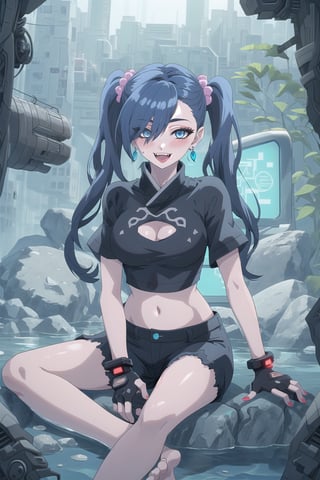 nier anime style illustration, best quality, masterpiece High resolution, good detail, bright colors, HDR, 4K. Dolby vision high. 

Girl with long straight black hair, long twin pigtails (hair covering one eye), blue eyes, blushing, blue earrings 

Stylish Cyberpunk Black Crop Top 

Showing navel, exposed navel 

Elegant cyberpunk black shorts

Barefoot

Inside an underground cave 

Blue illumination in the depth of underground water 

Sitting on a rock 

Black Stylish Fingerless Cyberpunk Gloves

Blue natural lighting

Flirty smile (yandere smile). Happy, excited. Open mouth 

Showing fangs, exposed fangs

jirai kei makeup