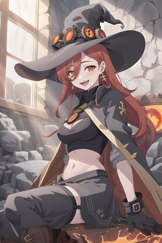 nier anime style illustration, best quality, masterpiece High resolution, good detail, bright colors, HDR, 4K. Dolby vision high.

Redhead witch with long straight hair, freckles, blushing, orange eyes (a black cross patch covering the eye), red earrings

Black steampunk fantasua crop top

Showing navel, exposed navel 

medium breasts

Showing breasts, exposed breasts 

black cape 

Vintage steampunk fantasy black checkered skirt

black stockings

Elegant British style steampunk black boots

A volcanic rock castle with lava on the walls, volcanic floor 

Red sun rays coming through the window 


sitting

lava falling down the walls 

Flirty smile (yandere smile). Happy, excited. Open mouth 

Showing fangs, exposed fangs



Steampunk elegant black gloves

Black witch hat