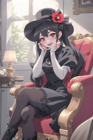 nier anime style illustration, best quality, masterpiece High resolution, good detail, bright colors, HDR, 4K. Dolby vision high.

Girl with long straight black hair, long twin pigtails. Red eyes, blushing, black earrings 

Black Victorian Style Black Dress 

black stockings 

Elegant black boots

Victorian hat with a red flower 

Inside a stylish steampunk room of canvas paintings 

Abecer 

Sun rays coming through the window 

Sitting 

red armchair 

Flirty smile (yandere smile). Happy, excited. Open mouth

,nier anime style

Showing fangs, exposed fangs


(A hand on one's own face)