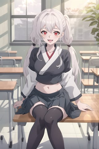 nier anime style illustration, best quality, masterpiece High resolution, good detail, bright colors, HDR, 4K. Dolby vision high.

Albino girl with long straight hair, long twin pigtails, freckles, blushing, red eyes 
 

Crop top (black color mixed with white color) Japanese schoolboy style 

Showing navel, exposed navel

White Japanese school skirt

black stockings 

(black and white tennis shoes)

Inside a Japanese school 

Inside a classroom

Sitting

selfie pose  

Sunrise

Sun rays coming through the window 

Showing fangs, exposed fangs


Flirtatious smile (yandere smile). Happy, excited. Open mouth

Showing the tongue, exposed tongue. Tongue out

Students sitting at desks,nier anime style