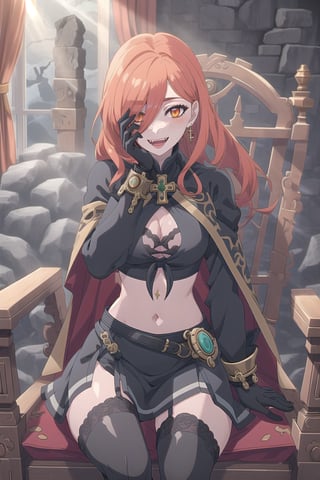 nier anime style illustration, best quality, masterpiece High resolution, good detail, bright colors, HDR, 4K. Dolby vision high.

Redhead witch with long straight hair, freckles, blushing, orange eyes (a black cross patch covering the eye), red earrings

Black steampunk fantasua crop top

Showing navel, exposed navel 

medium breasts

Showing breasts, exposed breasts 

black cape 

Vintage steampunk fantasy black checkered skirt

black stockings

Elegant British style steampunk black boots

A volcanic rock castle with lava on the walls, volcanic floor 

Red sun rays coming through the window 

She is sitting on a royal throne of smooth black stone.

lava falling down the walls 

Flirty smile (yandere smile). Happy, excited. Open mouth 

Showing fangs, exposed fangs

selfie pose 

(A hand on one's own face)

Steampunk elegant black gloves