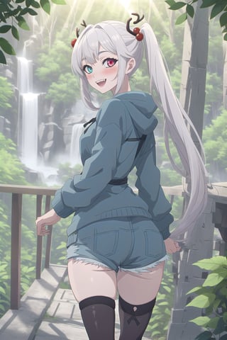 nier anime style illustration, best quality, masterpiece High resolution, good detail, bright colors, HDR, 4K. Dolby vision high.

Albino deer girl with long straight hair, long pigtails, blushing. Heterochromia (One blue eye, one red eye). 

Gray steampunk sweatshirt 

Medieval fantasy style denim shorts 

black stockings 

Gray ankle boots 

Forest with leafy trees

waterfalls 

Intense sun rays between the trees 
 
Flirty smile (yandere smile). Happy, excited.  Open mouth 

Showing fangs, exposed fangs

selfie pose

deer girl

Girl from behind