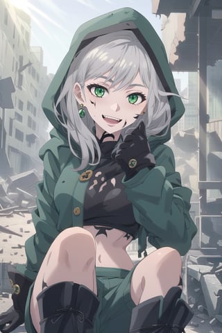 nier anime style illustration, best quality, masterpiece High resolution, good detail, bright colors, HDR, 4K. Dolby vision high.

Girl with long silver straight hair, green eyes (dirty face), green earrings, 

Black short sleeve shirt 

British style jacket (Primary color black, secondary color dark green)

Showing navel, exposed navel  

Gray military pants 

Black military boots 

Black military gloves

(Tattoos on one's own face)

City destroyed and abandoned by war 

Lonely streets in ruins 

Fog 

Intense sun rays, dawn 

clear blue sky 

Sitting in the street 

(a hand on one's own face)

Flirty smile (yandere smile). Happy, excited. Open mouth 

Showing fangs, exposed fangs 

black hood

black hood

Black and green jacket

Gray military pants

nier anime style