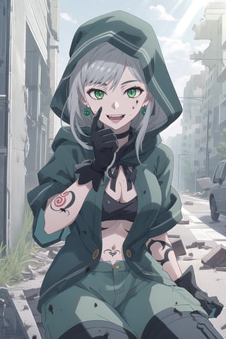 nier anime style illustration, best quality, masterpiece High resolution, good detail, bright colors, HDR, 4K. Dolby vision high.

Girl with long silver straight hair, green eyes (dirty face), green earrings, 

Black short sleeve shirt 

British style jacket (Primary color black, secondary color dark green)

Showing navel, exposed navel  

Gray military pants 

Black military boots 

Black military gloves

(Tattoos on one's own face)

City destroyed and abandoned by war 

Lonely streets in ruins 

Fog 

Intense sun rays, dawn 

clear blue sky 

Sitting in the street 

(a hand on one's own face)

Flirty smile (yandere smile). Happy, excited. Open mouth 

Showing fangs, exposed fangs 

black hood

black hood

nier anime style