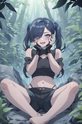 nier anime style illustration, best quality, masterpiece High resolution, good detail, bright colors, HDR, 4K. Dolby vision high. 

Girl with long straight black hair, long twin pigtails (hair covering one eye), blue eyes, blushing, blue earrings 

Stylish Cyberpunk Black Crop Top 

Showing navel, exposed navel 

Elegant cyberpunk black shorts

Barefoot

Inside an underground cave 

Blue illumination in the depth of underground water 

Sitting on a rock 

Black Stylish Fingerless Cyberpunk Gloves

Blue natural lighting

Flirty smile (yandere smile). Happy, excited. Open mouth 

Showing fangs, exposed fangs

jirai kei makeup

jirai kei makeup

Black hair

Inside an underground cave

Showing fangs, exposed fangs

In a lush forest

(A hand on one's own face)
