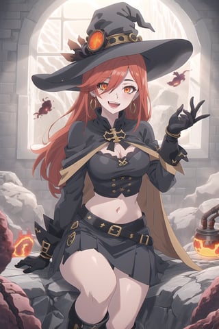nier anime style illustration, best quality, masterpiece High resolution, good detail, bright colors, HDR, 4K. Dolby vision high.

Redhead witch with long straight hair, freckles, blushing, orange eyes (a black cross patch covering the eye), red earrings

Black steampunk fantasua crop top

Showing navel, exposed navel 

medium breasts

Showing breasts, exposed breasts 

black cape 

Vintage steampunk fantasy black checkered skirt

black stockings

Elegant British style steampunk black boots

A volcanic rock castle with lava on the walls, volcanic floor 

Red sun rays coming through the window 


sitting

lava falling down the walls 

Flirty smile (yandere smile). Happy, excited. Open mouth 

Showing fangs, exposed fangs

selfie pose


Steampunk elegant black gloves

Black witch hat