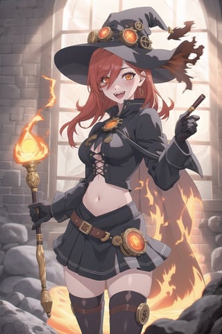 nier anime style illustration, best quality, masterpiece High resolution, good detail, bright colors, HDR, 4K. Dolby vision high.

Redhead witch with long straight hair, freckles, blushing, orange eyes (a black cross patch covering the eye), red earrings

Black steampunk fantasua crop top

Showing navel, exposed navel 

medium breasts

Showing breasts, exposed breasts 

black cape 

Vintage steampunk fantasy black checkered skirt

black stockings

Elegant British style steampunk black boots

A volcanic rock castle with lava on the walls, volcanic floor 

Red sun rays coming through the window 

magic fire staff

lava falling down the walls 

Flirty smile (yandere smile). Happy, excited. Open mouth 

Showing fangs, exposed fangs

selfie 


Steampunk elegant black gloves

Black witch hat