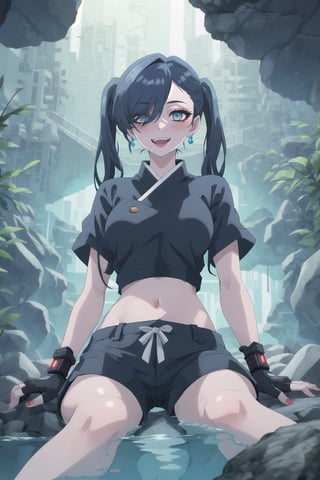 nier anime style illustration, best quality, masterpiece High resolution, good detail, bright colors, HDR, 4K. Dolby vision high. 

Girl with long straight black hair, long twin pigtails (hair covering one eye), blue eyes, blushing, blue earrings 

Stylish Cyberpunk Black Crop Top 

Showing navel, exposed navel 

Elegant cyberpunk black shorts

Barefoot

Inside an underground cave 

Blue illumination in the depth of underground water 

Sitting on a rock 

Black Stylish Fingerless Cyberpunk Gloves

Blue natural lighting

Flirty smile (yandere smile). Happy, excited. Open mouth 

Showing fangs, exposed fangs

jirai kei makeup

jirai kei makeup

Black hair

Inside an underground cave

Showing fangs, exposed fangs
