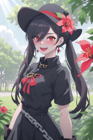 nier anime style illustration, best quality, masterpiece High resolution, good detail, bright colors, HDR, 4K. Dolby vision high. 

Girl with long straight black hair, long twin pigtails (hair covering one eye), red eyes, blushing, red earrings 

Short sleeve polo shirt (black color mixed with red color)

Gothic style black checkered skirt with chains   

black socks 

Ankle boots (black color mixed with red color)

inside a park 

She is under a leafy tree in the shade. 

Sunbeams between the trees 

clear blue sky 

Flirty smile (yandere smile). Happy, excited. Open mouth 

Showing fangs, exposed fangs  

Selfie 

Very sweaty

black Fedora hat with a red flower on the buckle