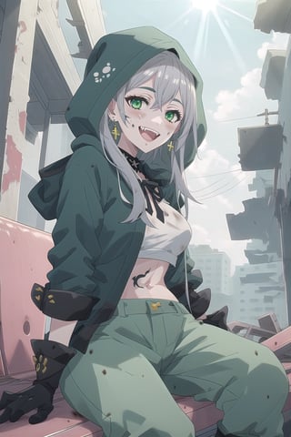 nier anime style illustration, best quality, masterpiece High resolution, good detail, bright colors, HDR, 4K. Dolby vision high.

Girl with long silver straight hair, green eyes (dirty face), green earrings, 

Black short sleeve shirt 

British style jacket (Primary color black, secondary color dark green)

Showing navel, exposed navel  

Gray military pants 

Black military boots 

Black military gloves

(Tattoos on one's own face)

City destroyed and abandoned by war 

Lonely streets in ruins 

Fog 

Intense sun rays, dawn 

clear blue sky 

Sitting in the street 



Flirty smile (yandere smile). Happy, excited. Open mouth 

Showing fangs, exposed fangs 

black hood

black hood

Black and green jacket

Gray military pants

nier anime style

Selfie pose
