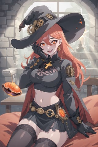 nier anime style illustration, best quality, masterpiece High resolution, good detail, bright colors, HDR, 4K. Dolby vision high.

Redhead witch with long straight hair, freckles, blushing, orange eyes (a black cross patch covering the eye), red earrings

Black steampunk fantasua crop top

Showing navel, exposed navel 

medium breasts

Showing breasts, exposed breasts 

black cape 

Vintage steampunk fantasy black checkered skirt

black stockings

Elegant British style steampunk black boots

A volcanic rock castle with lava on the walls, volcanic floor 

Red sun rays coming through the window 


sitting

lava falling down the walls 

Flirty smile (yandere smile). Happy, excited. Open mouth 

Showing fangs, exposed fangs

(a hand on one's own face)



Steampunk elegant black gloves

Black witch hat