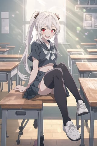 nier anime style illustration, best quality, masterpiece High resolution, good detail, bright colors, HDR, 4K. Dolby vision high.

Albino girl with long straight hair, long twin pigtails, freckles, blushing, red eyes 
 

Crop top (black color mixed with white color) Japanese schoolboy style 

Showing navel, exposed navel

White Japanese school skirt

black stockings 

(black and white tennis shoes)

Inside a Japanese school 

Inside a classroom

Sitting

selfie pose  

Sunrise

Sun rays coming through the window 

Showing fangs, exposed fangs


Flirtatious smile (yandere smile). Happy, excited. Open mouth


Students sitting at desks,nier anime style
