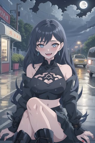 nier anime style illustration, best quality, masterpiece High resolution, good detail, bright colors, HDR, 4K. Dolby vision high. 

Girl with long straight black hair, blue eyes (hair on shoulders), blushing, blue earrings 

Black gothic crop top  

medium breasts

Showing navel, exposed navel

Short black gothic skirt with chains

black socks

Elegant black boots 

Flirty smile (yandere smile). Happy, excited. Open mouth

Showing fangs, exposed fangs 

Selfie 

black sky at night  

waning moon 

Inside the streets of London 

Street wet from recent rain

Sitting on the street sidewalk