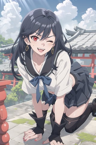 nier anime style illustration, best quality, masterpiece High resolution, good detail, bright colors, HDR, 4K. Dolby vision high.

Girl with long straight black hair, red eyes (one eye closed). Freckles, blushing, black earrings

College short top (white color mixed with black color)

Showing navel, exposed navel 

Short black school skirt 

 black stockings

black shoes
schoolchildren

Blue sky with clouds, intense sun rays 

Japanese school roof 

On all fours

small glutes

She has her back

Flirtatious smile. (yandere smile). Happy, excited. Open mouth 

Showing fangs exposed fangs

Behind her

Black bow on the chest
