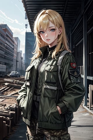 highres, masterpiece, perfect lighting, bloom, cinematic lighting, adult, female, looking at viewer, upper body, 1girl, blonde, camo pants, jacket, military jacket, hands inside pockets, in front of the viewer, bulletproof vest, magazine bags, modern construction site