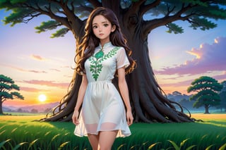 a big green tree at the center in the big field, can see the whole big tree, sunset, a pretty girl stand in front of the tree, look at the field, looking cozy, side face view, perfect eyes, perfect face, brown long hair, long leg, white long dress, 12mm, in Studio Ghibli Style 3D, City Hunter Art Style,
