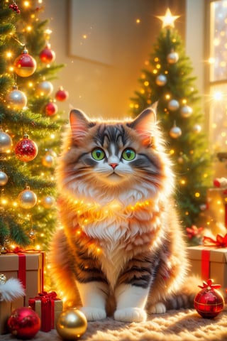 A cute cat with a Christmas tree behind, fluffy fur, adorable active eyes, playful paws, cozy sleeping place, soft whiskers, beautiful patterned fur, bright and expressive eyes, curious and playful nature, soft and graceful body, graceful movements and agile, [cat toys], [green garden background], [colorful sunlight filtering through the trees], [vibrant and cheerful atmosphere], (best quality, ultra-detailed), [soft lighting], realistic colors, [ bokeh]