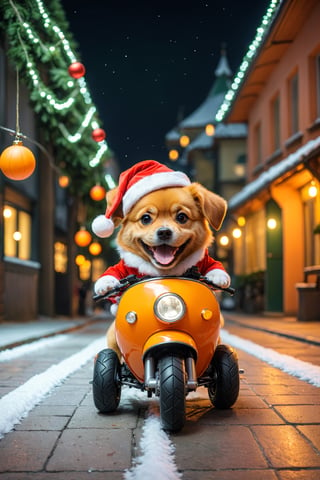 an adorable orange puffy dog with Santa clothes, ride on the green mini motorcycle, big smile, on a street with a Christmas atmosphere at night, illustration, Disney animation, 4k, 8k, tenderness, very happy, Miki Asai Photography macro, close up, hyper detailed, trending on artstation, sharp focus, studio photography, intricate details, highly detailed, by greg rutkowski