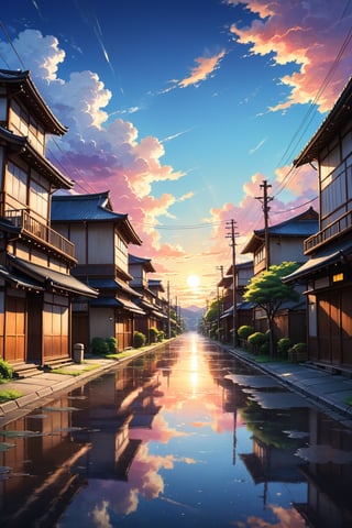 2d anime style, oil painting, rough paint, an empty japanese street, breathtaking, visually rich, panoramic, manga style, empty horizon, reflections, white summer clouds, colorful sky with sunset colors, animation background, glow, highly detailed, lens flare, light bloom, hand-drawn, beautiful gradient, glowing shadows, fine detail, film grain, vignette, light leak, 