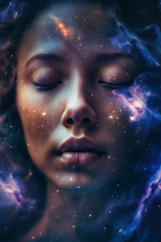 a close up of a woman's face with her eyes closed, nebula background, 5 0 0 px models, soul leaving body, fourteen-dimensional, strange portrait with galaxy, images on the sales website, magic and fantasy, interconnections, dust and particles, ultra - high detail,galaxy00