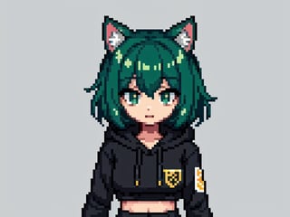 (best quality, 4k, 8k, highres, masterpiece:1.2), ultra-detailed, glowy ,4k,extremely delicate and beautiful art 2girl, epic background, 1girl, solo,short hair, (black green hair), ((split-color hair)), cat ears, bow,green striped thighhighs, black hoodie,  patterned skirt, dark green eyes color, low glowing eyes,Pixel art,PixelArt,Pixel Art,PIXARFK,Pixel world