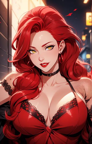 (((night background))), (night), (((red-hair:1.3))), (longhairstyle:1.4), (curly_hair 1.3), ((yellow eyes)), ((1 mature woman:1.3)), (busty), large breasts, best quality, extremely detailed, HD, 8k, (malicious smile), (sexy eyes),(red lips), sfw, (red fishnet dress)