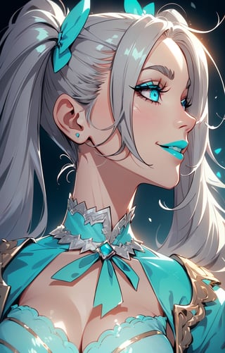 (fantasy background),(gray_hair:1.3), (twin_tails_hairstyle:1.4), ((Turquoise_eyes)), ((1 mature woman:1.3)), (busty), large breasts, best quality, extremely detailed, HD, 8k, (malicious smile), (sexy eyes),(blue lipstick), sfw, blue pleated skirt, a white blouse, high-heeled boots