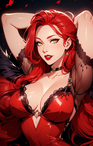 (((night background))), (night), (((red-hair:1.3))), (longhairstyle:1.4), (curly_hair 1.3), ((yellow eyes)), ((1 mature woman:1.3)), (busty), large breasts, best quality, extremely detailed, HD, 8k, (malicious smile), (sexy eyes),(red lips), sfw, (red fishnet dress)